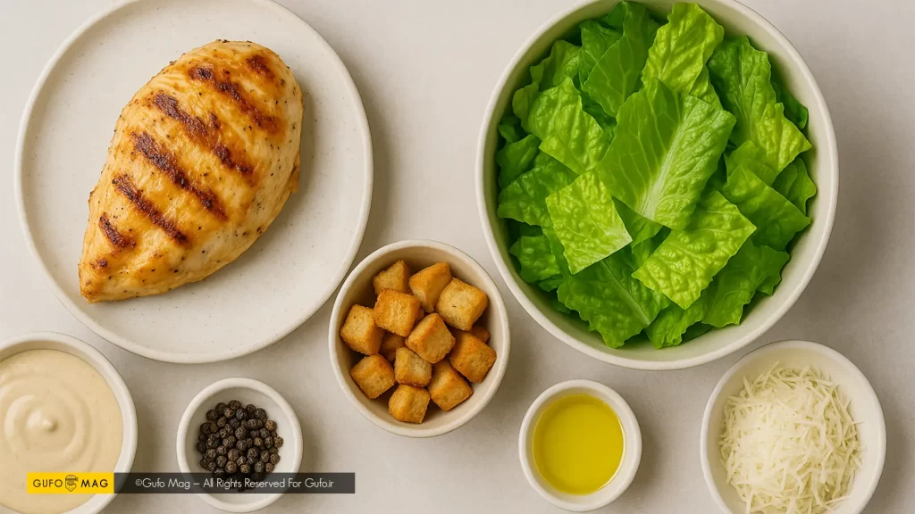 مواد لازم برای درست کردن سالاد سزار با مرغ گریل