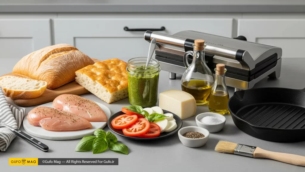 مواد لازم برای پخت ساندویچ مرغ و پستو