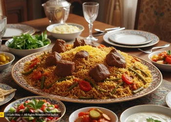 طرز تهیه لوبیا پلو مجلسی با گوشت تیکه