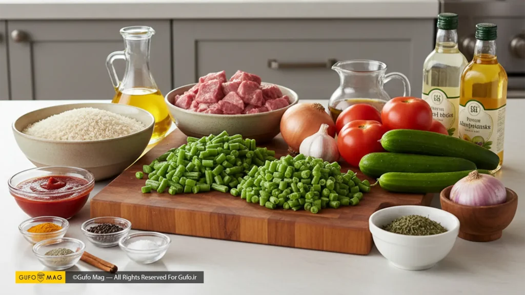 مواد لازم برای تهیه لوبیا پلو با گوشت و سالاد شیرازی