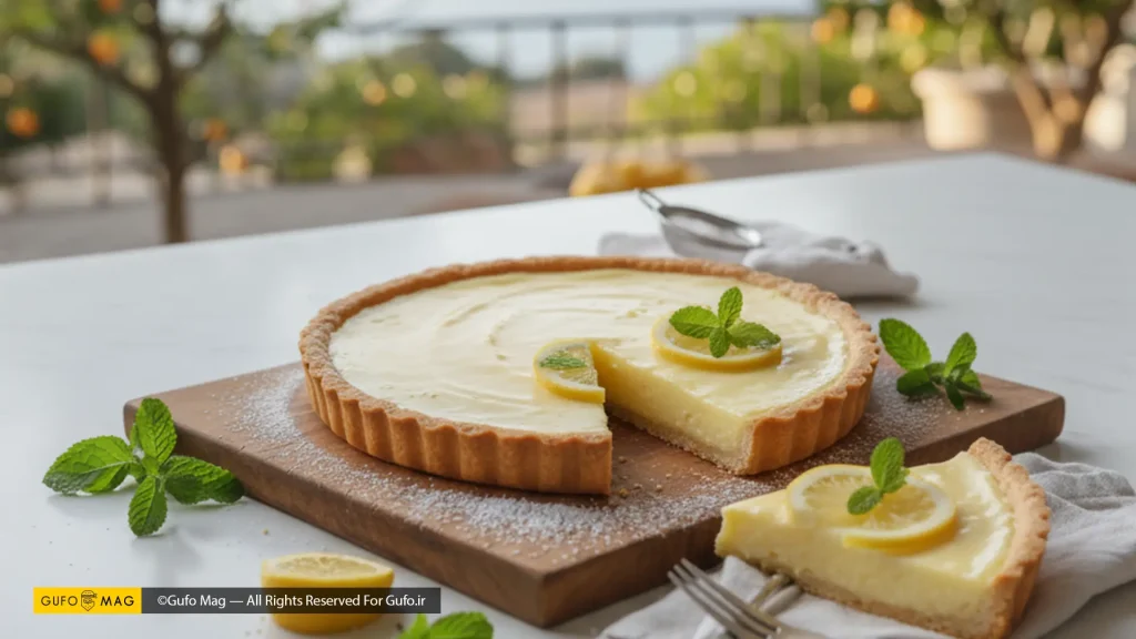 تارت لیموی برش خورده، با تزئین برگ نعنا و لیمو، در محیطی دلنشین و آفتابی