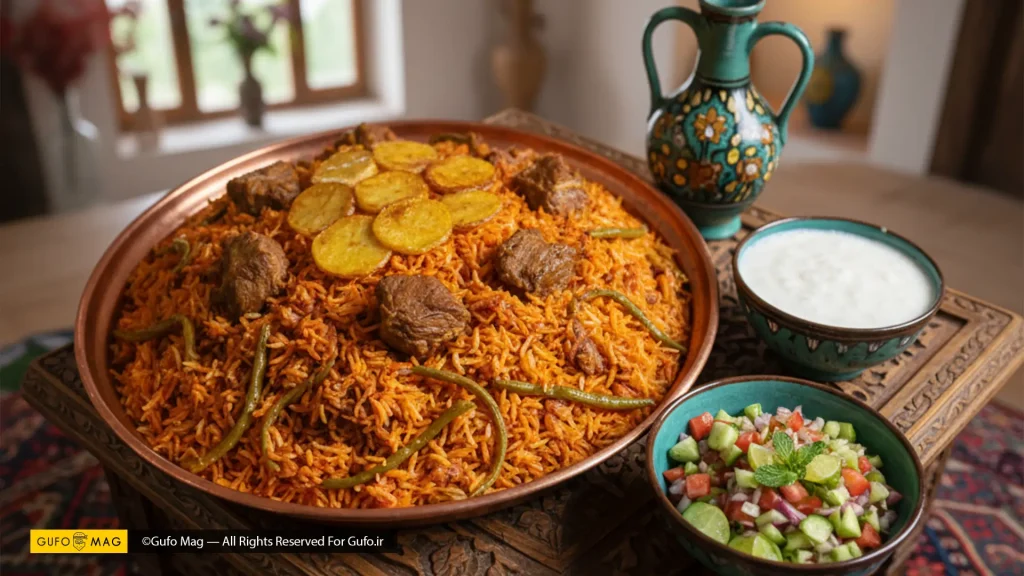 طرز تهیه لوبیا پلو با گوشت و سالاد شیرازی