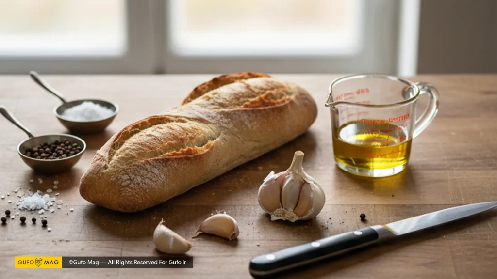 مواد لازم برای کراستینی شامل نان باگت، روغن زیتون، سیر، نمک و فلفل