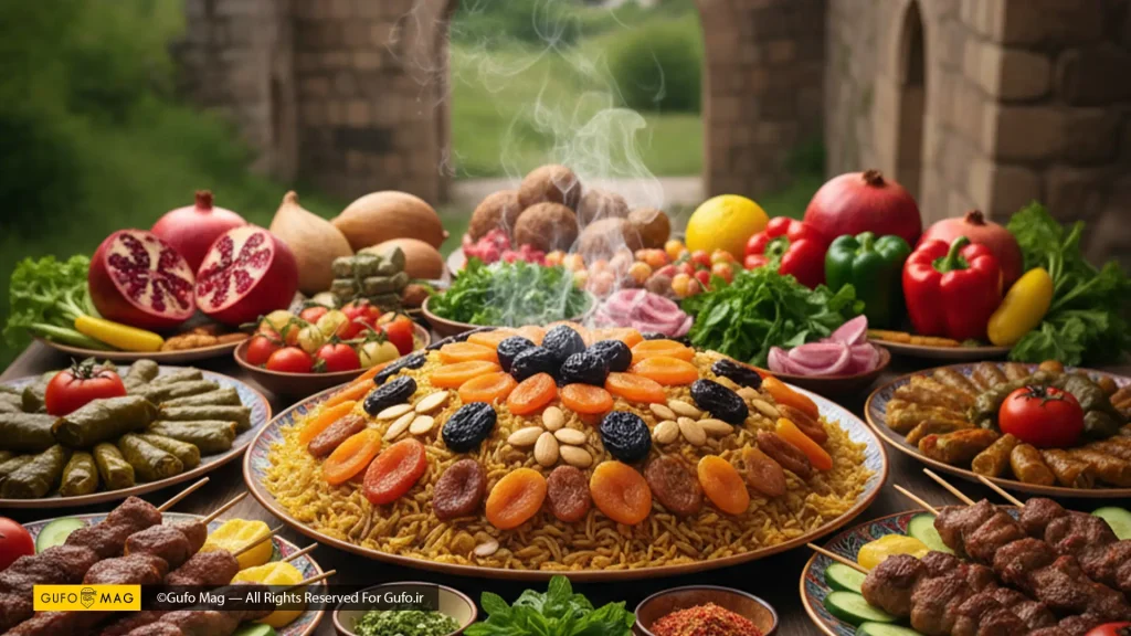نمونه غذاهای آذربایجانی در فضایی با نمای رو به کوهستان