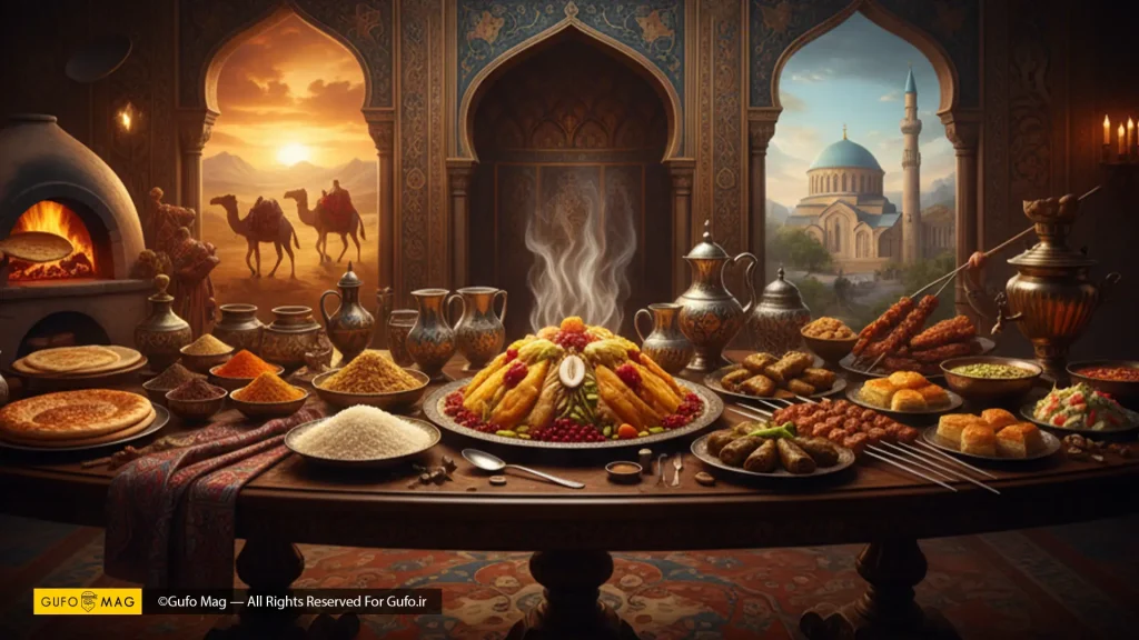 سفره‌ای با شکوه از غذاهای آذربایجانی در محیطی تاریخی و سنتی