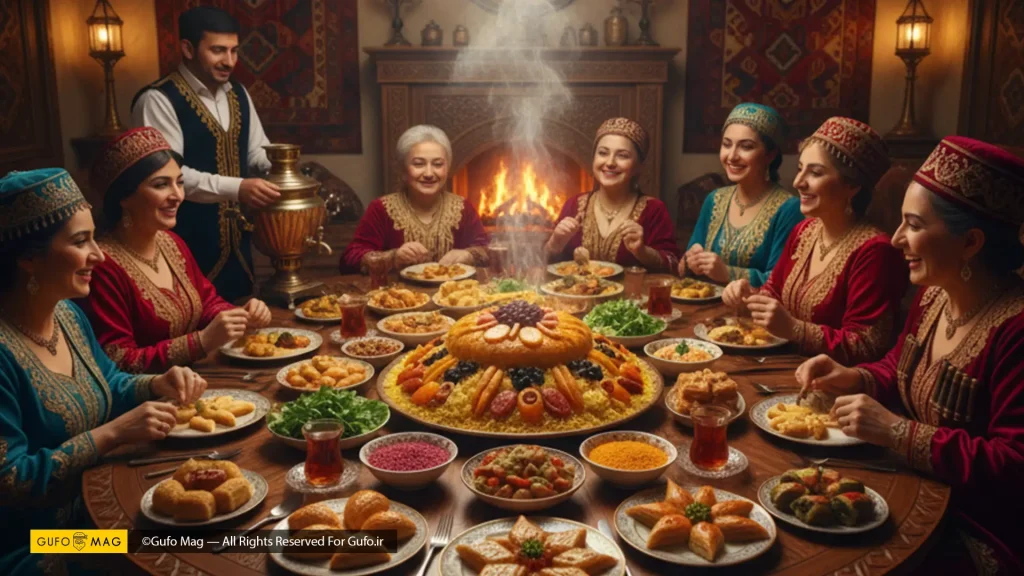 جمعی از زنان و یک مرد در حال جشن و صرف شام در یک فضای گرم و سنتی آذربایجانی.