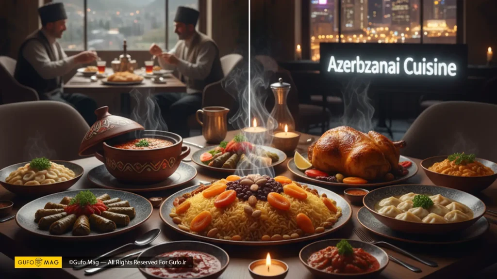  ترکیبی از دو تصویر؛ یک رستوران سنتی آذربایجانی و یک رستوران مدرن با نمای شهر، هر دو با غذاهای متنوع