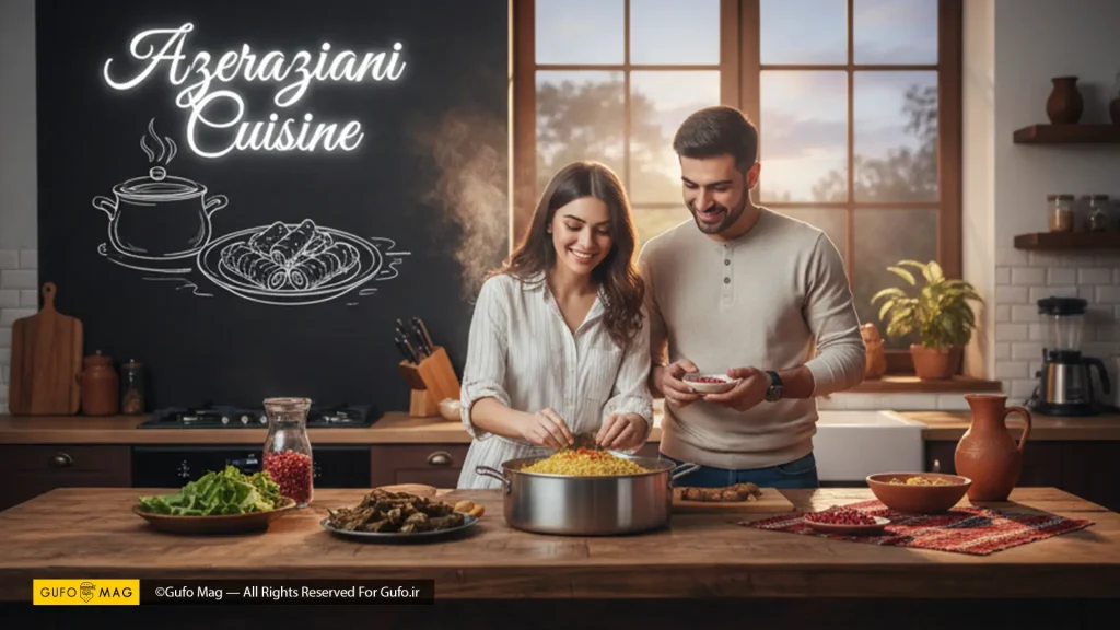 زوجی جوان در حال پخت‌وپز غذاهای آذربایجانی در آشپزخانه‌ای مدرن و دنج