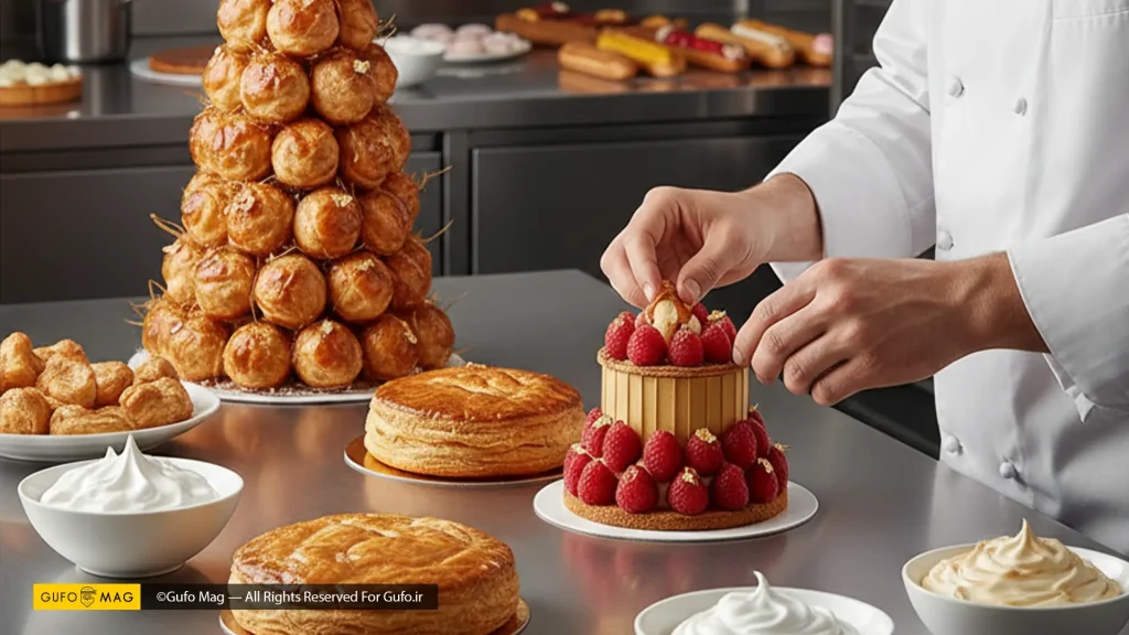 شیرینی پز درحال تزئیین کیک فرانوسوی
