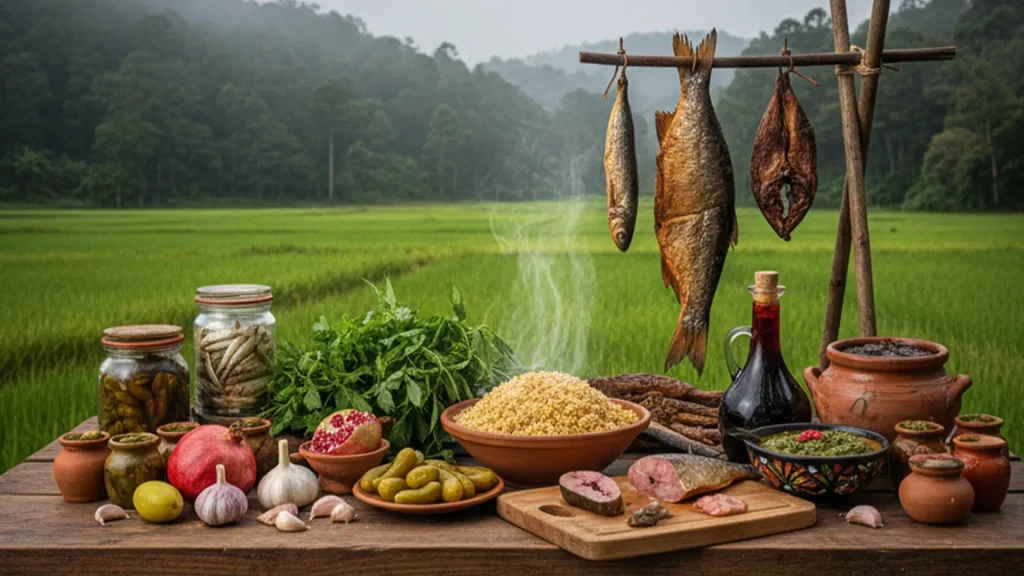 مواد اولیه طبیعی گیلان شامل ماهی دودی، سبزیجات، سیر و برنج در کنار شالیزار و جنگل