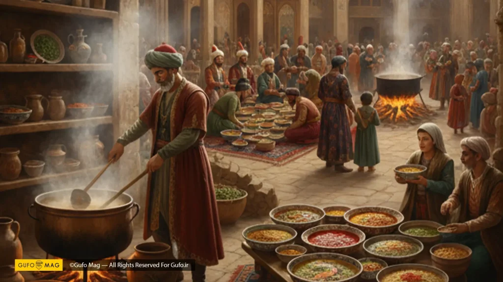 آشپز در آشپزخانهای سنتی مشغول پخت آش برای جمعی از مردم