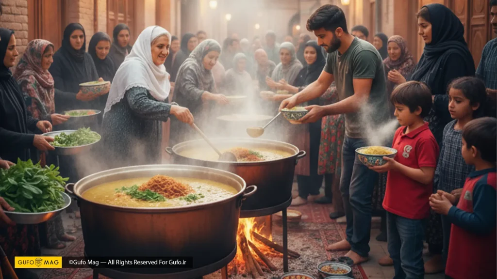 پخت و توزیع آش نذری در یک کوچه قدیمی ایرانی