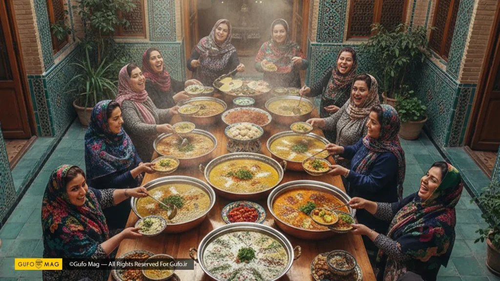 زنان در حیاطی سنتی مشغول آمادهسازی و سرو آش