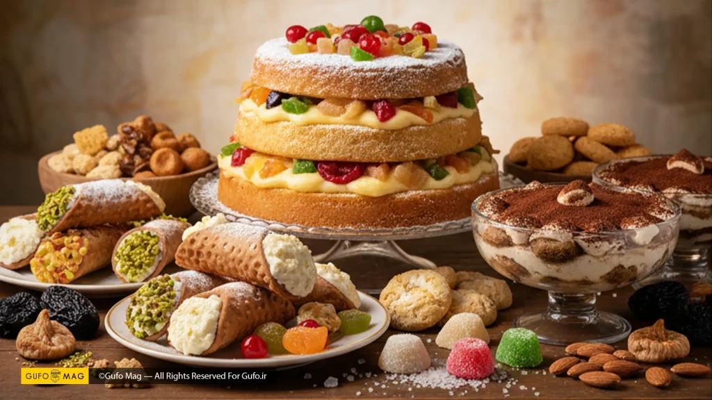 نمایی از دسرهای سنتی ایتالیایی مانند کانولی، تیرامیسو، و کیکهای میوهای