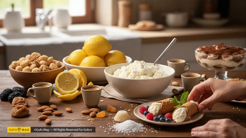مواد اولیه دسرهای ایتالیایی مانند لیمو، پنیر ریکوتا، اسپرسو، بادام و پسته در آشپزخانهای دنج