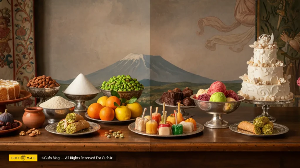سفرهای مجلل با دسرهای متنوع و مواد اولیهای چون شکر، برنج، مرکبات، پسته، بادام و جلوی کوه اتنا