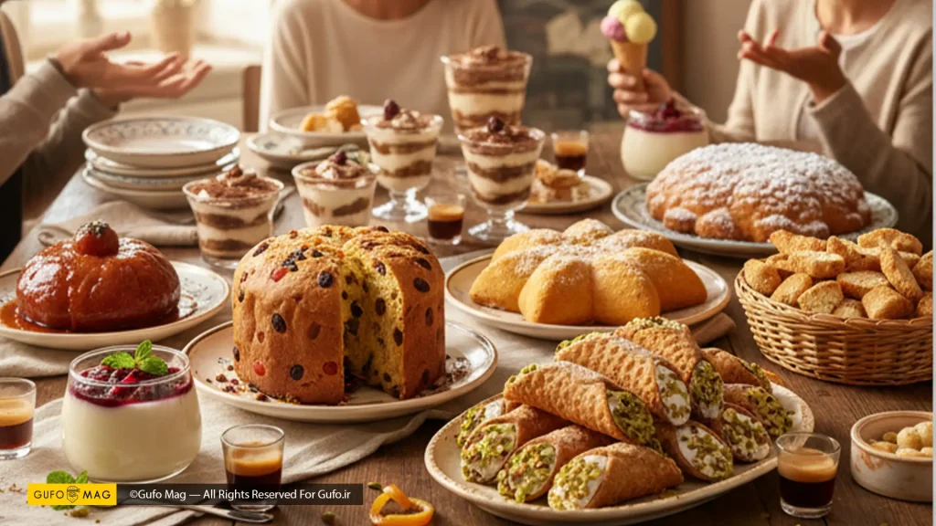 خانوادهای ایتالیایی در حال لذت بردن از دسرهای سنتی مانند پانتونه، کانولی و جلاتو در کنار یکدیگر