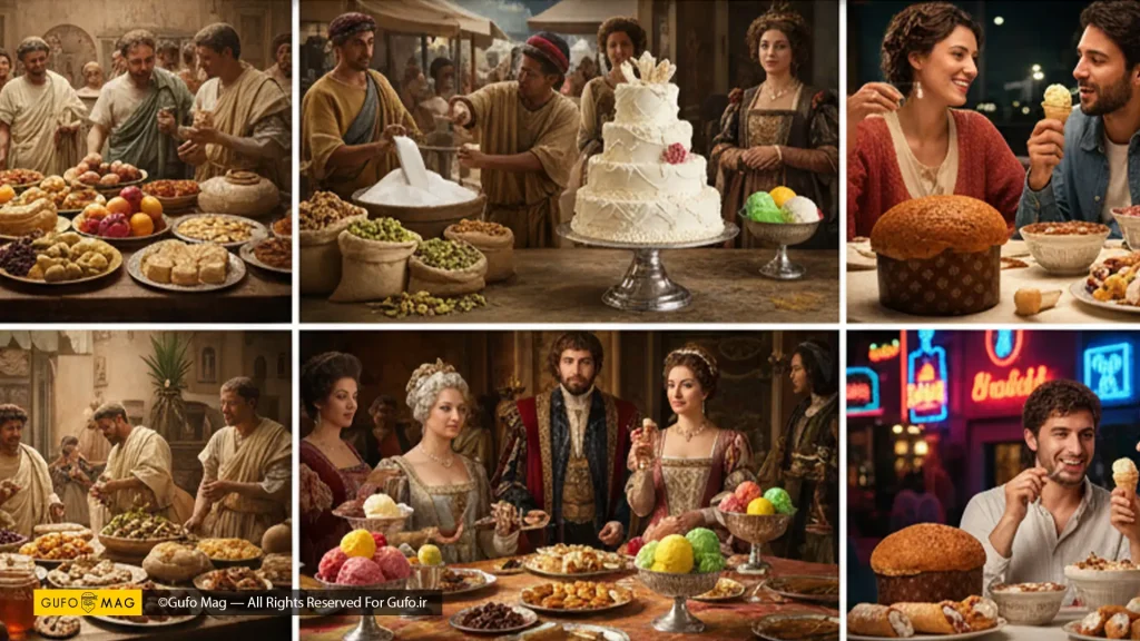 یک مهمانی بزرگ با دسرهای ایتالیایی متنوع، که نشاندهنده تاریخ و فرهنگ غنی این دسرها