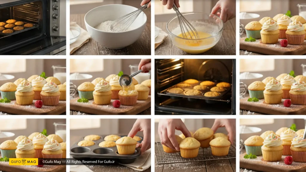 کلاژ از طرز تهیه مینی کاپ‌کیک در خانه 