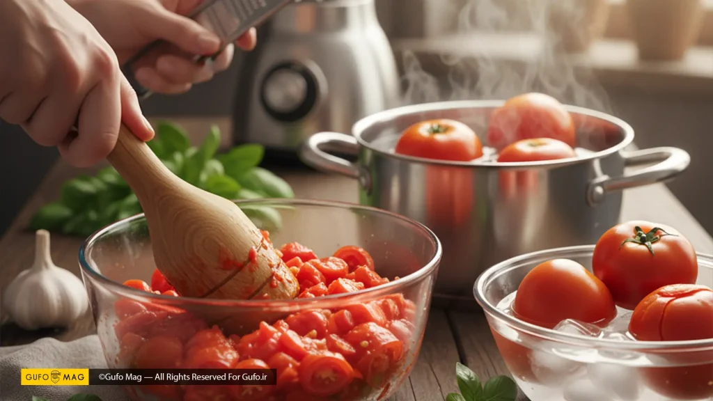 له کردن گوجه برای تهیه میرزاقاسمی