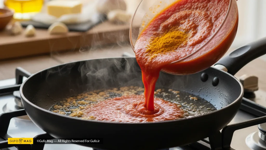 طبخ پوره گوجه برای تهیه میرزاقاسمی