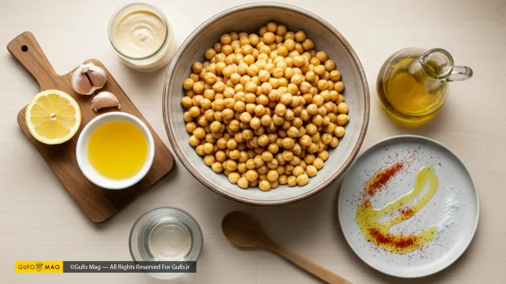 مواد اولیه کامل برای تهیه دیپ حمص خامهای و خوشطعم
