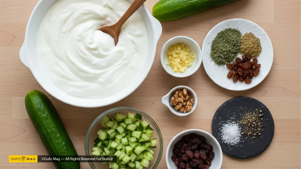 مواد اولیه مورد نیاز برای آمادهسازی دیپ ماست و خیار معطر و مجلسی