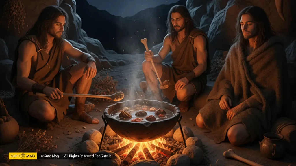 انسانهای اولیه در غار در حال پختن سوپ روی آتش