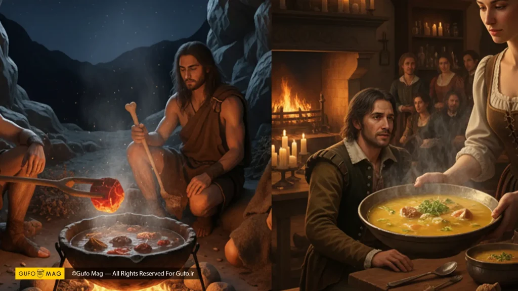 پخت سوپ با سنگ داغ در غار و سرو سوپ در یک رستوران اولیه