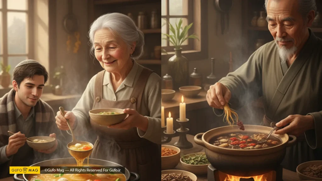 یک سوپ مرغ یهودی و آمادهسازی سوپ سنتی چینی با گیاهان دارویی