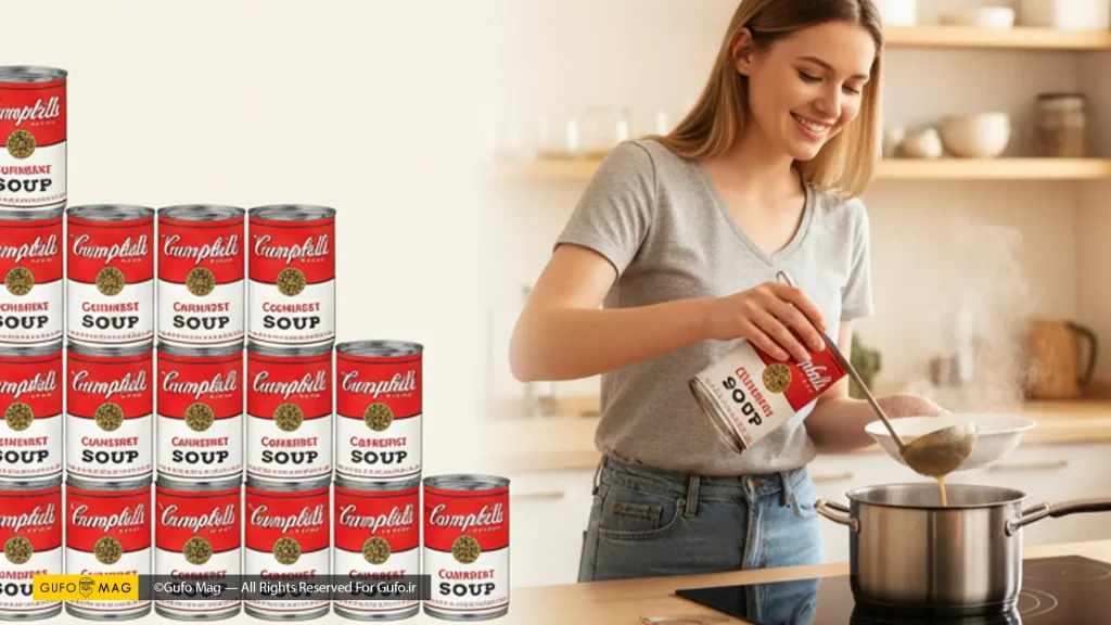 قوطیهای سوپ کمپل و زنی در حال پختن سوپ کنسروی در آشپزخانه