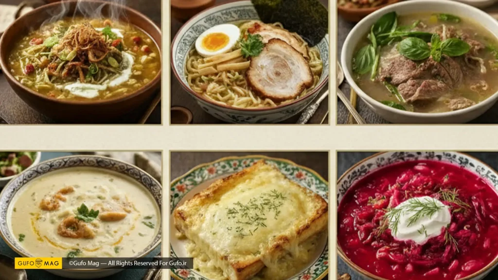 مجموعهای از نه سوپ مختلف از فرهنگهای گوناگون جهان