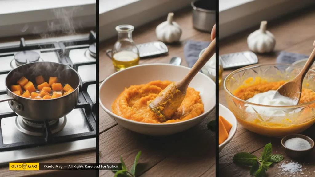طرز تهیه بورانی کدو حلوایی مرحله به مرحله