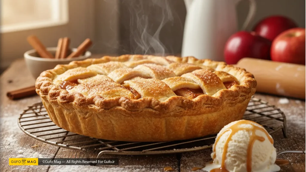 یک پای سیب گرم و طلایی با برشهای مشبک رویی، روی توری خنککننده چوبی، به همراه یک اسکوپ بستنی وانیلی با کارامل