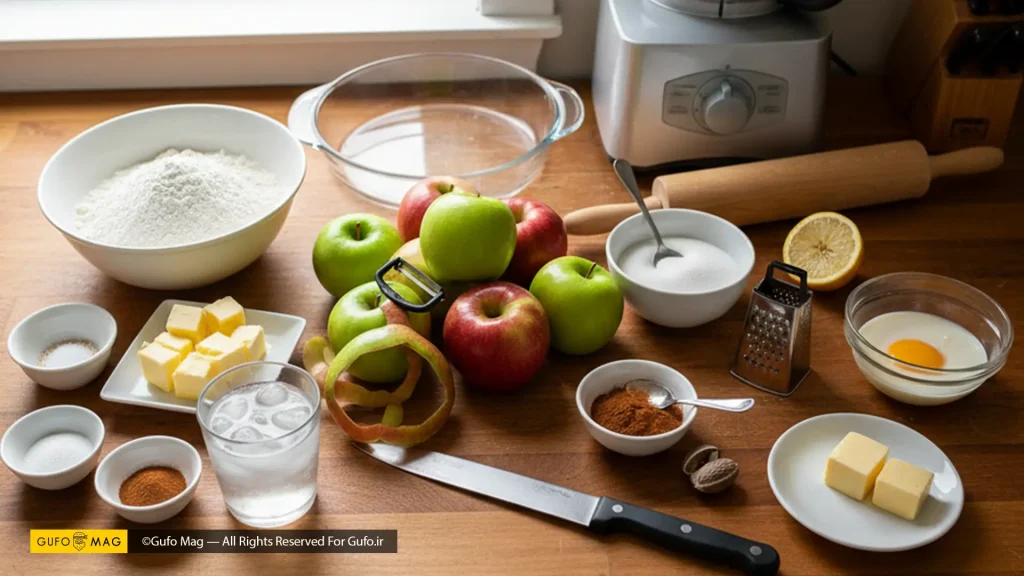 مواد لازم برای پای سیب شامل سیب، آرد، کره، شکر و ادویهها روی یک کانتر چوبی