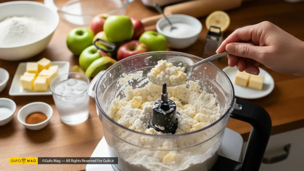 اضافه کردن تکههای کره سرد به آرد در غذاساز، با مواد اولیه پای