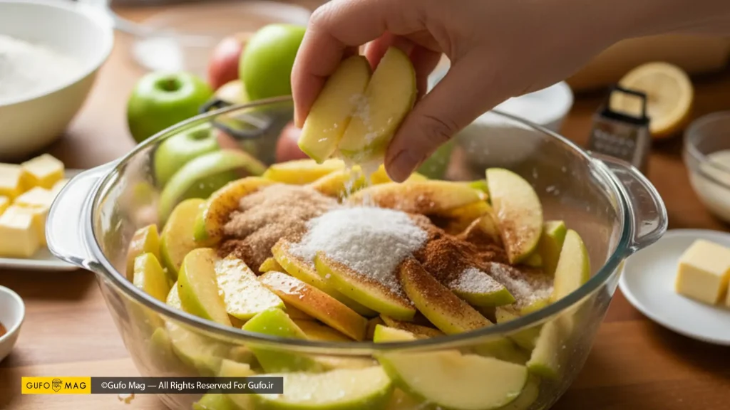 پاشیدن ادویه روی سیبهای اسلایسشده در یک کاسه شیشهای بزرگ، برای تهیه فیلینگ پای