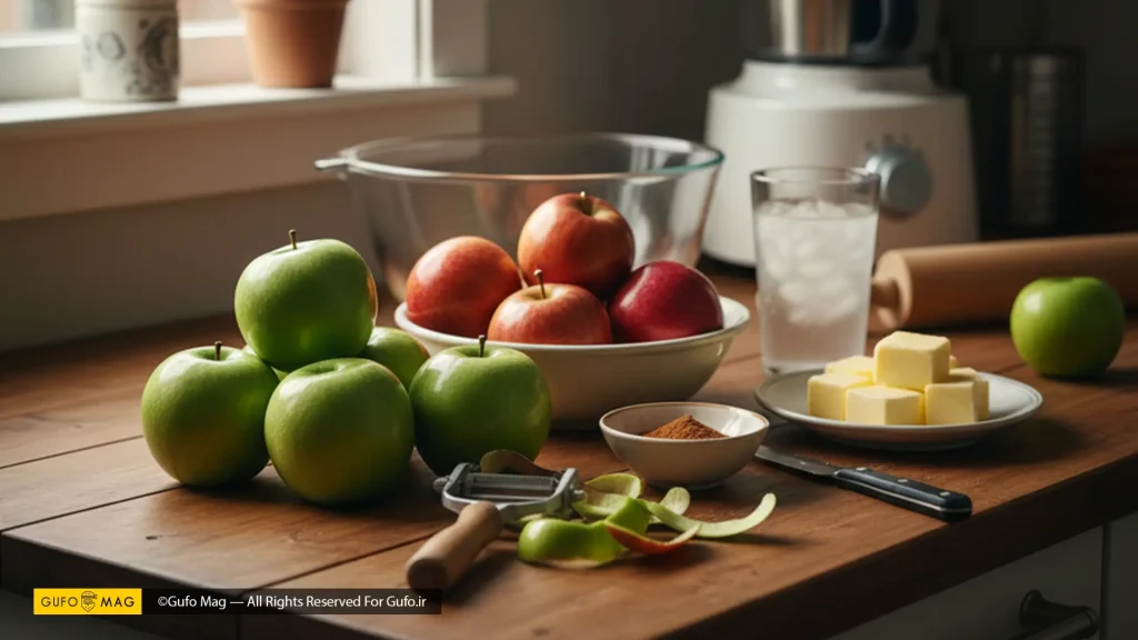 نمایی از سیبهای سبز و قرمز، کره، و ادویهها روی یک کانتر چوبی