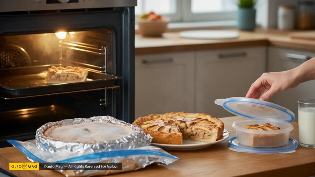 سه ظرف پای سیب: یکی در فر، یکی روی توری و دیگری در ظروف نگهداری، روی یک میز آشپزخانه