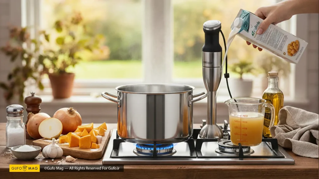 سوپ کدو حلوایی در حال جوشیدن روی گاز، با دست در حال اضافه کردن خامه و مواد اولیه دیگر روی میز