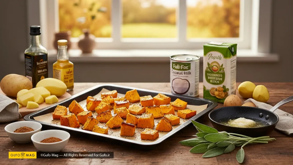 کدو حلواییهای کبابی روی سینی فر، سیبزمینی، شیر نارگیل و ادویهها روی میز آشپزخانه
