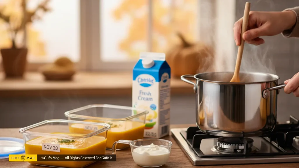 سوپ کدو حلوایی آماده و گرم شده روی گاز، با ظرفهای نگهداری در کنارش