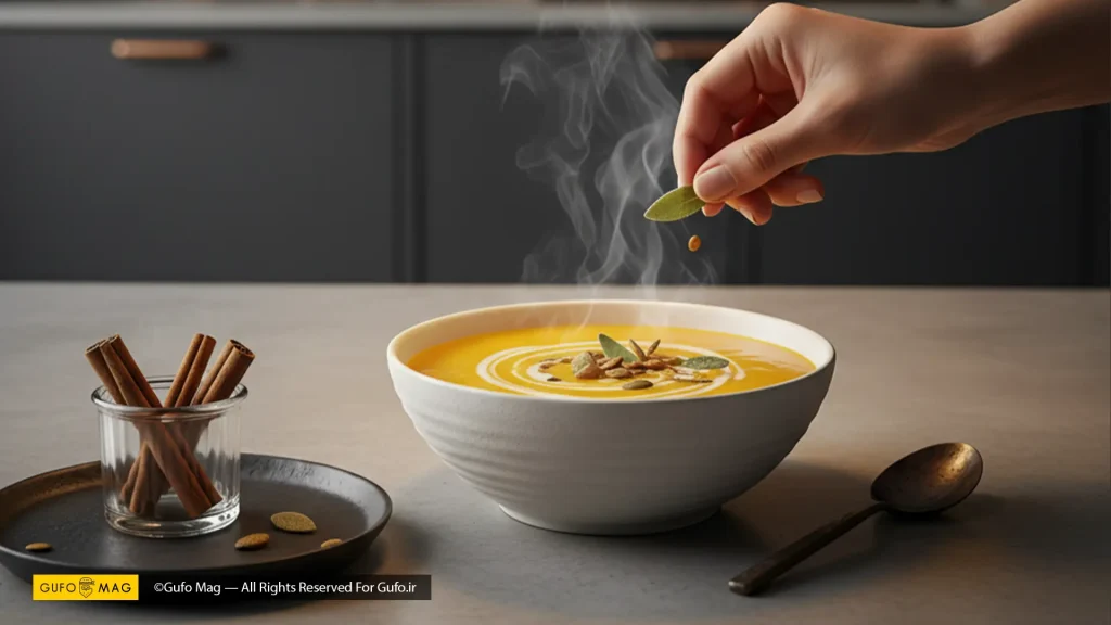 یک کاسه سوپ کدو حلوایی تزئین شده با دانه کدو و برگ مریم گلی