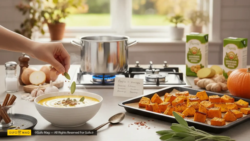 مراحل آمادهسازی سوپ کدو حلوایی شامل مواد اولیه، کدوهای کبابی، و تزئین نهایی در آشپزخانه