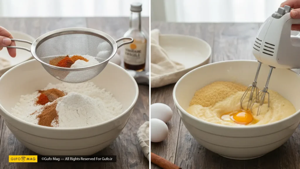 مخلوط کردن مواد خشک و تر برای کیک کدو حلوایی 