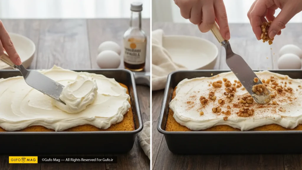 مراحل مونتاژ کردن کیک کدو حلوایی 