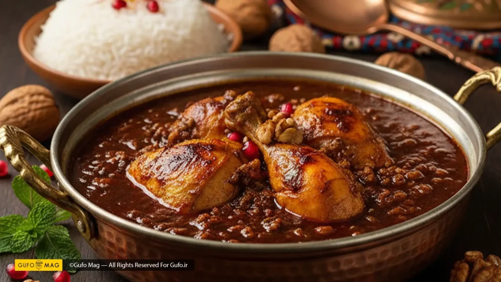 خورش فسنجان مرغ در یک کاسه مسی زیبا، همراه با برنج و گردو