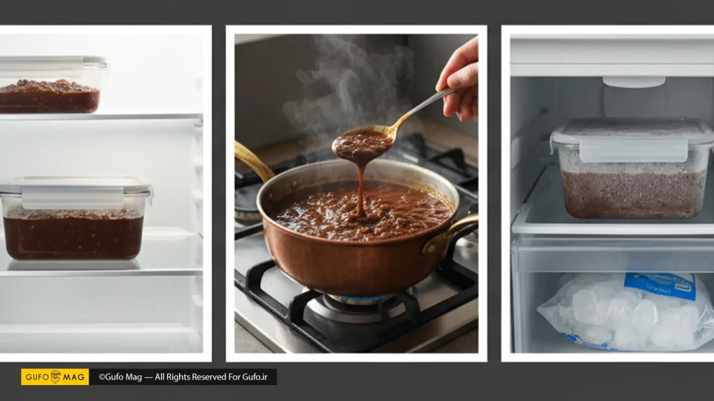 خورش فسنجان در حال گرم شدن روی اجاق گاز، و همچنین روش نگهداری آن در یخچال و فریزر