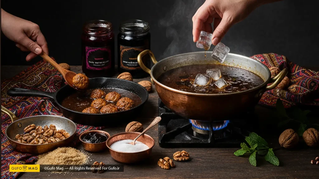 تهیه خورش فسنجان با تاکید بر تفت دادن گردو، اضافه کردن یخ و تنظیم طعم با ادویه ها