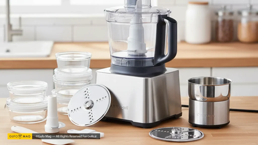 مجموعهای از یک غذاساز با تیغهها و لوازم جانبی مختلف آن در کنار لیسک و برس، آماده برای استفاده